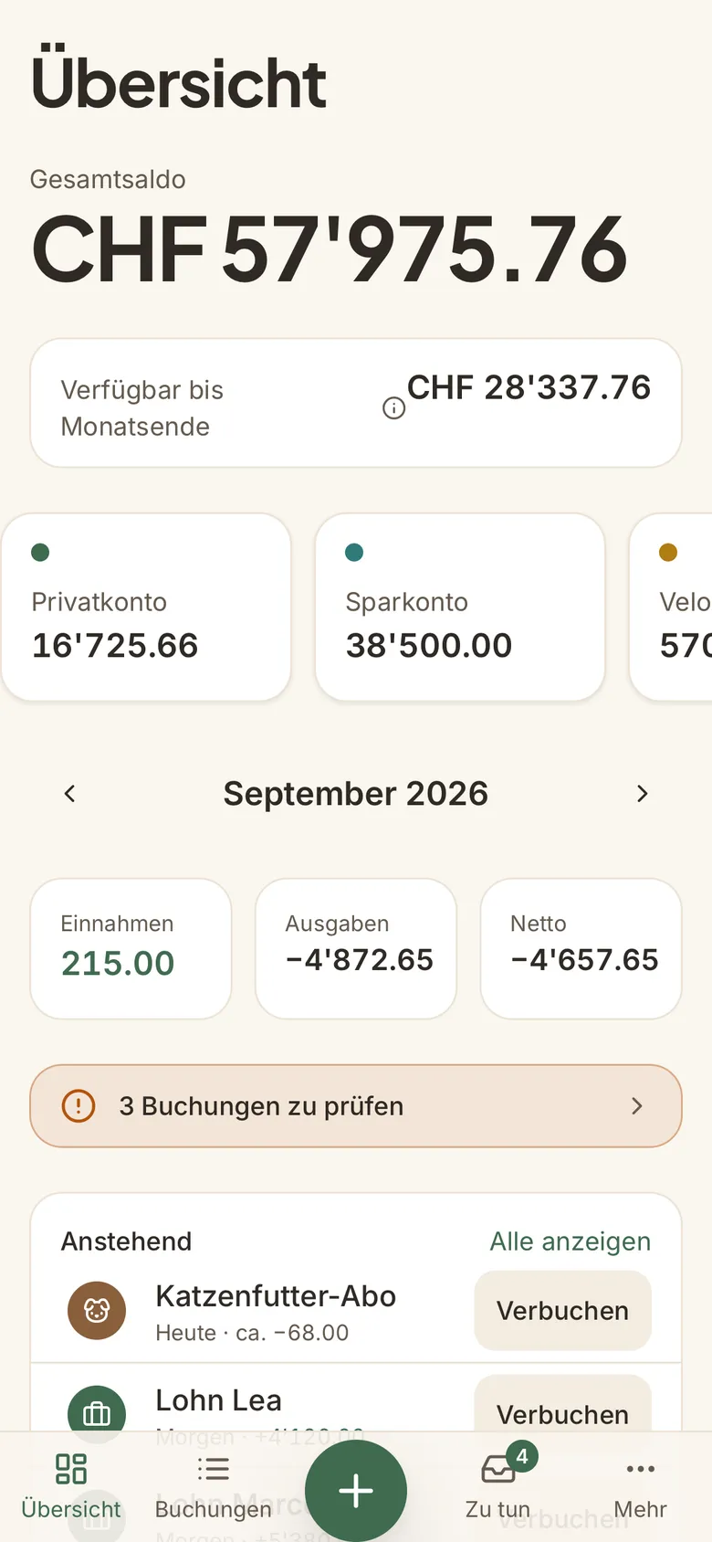 Übersicht: Gesamtsaldo und Konten